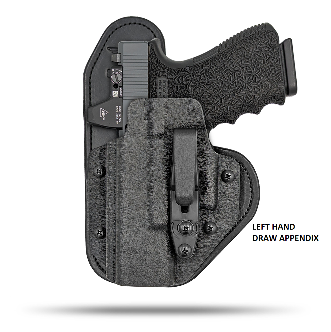 Hidden Hybrid Holsters Appendix holster, Optic Ready, IWB, Inside the waistband, Kydex on the outside, Leather on the backside makes for the most comfortble all day carry. Fits red dot optic.