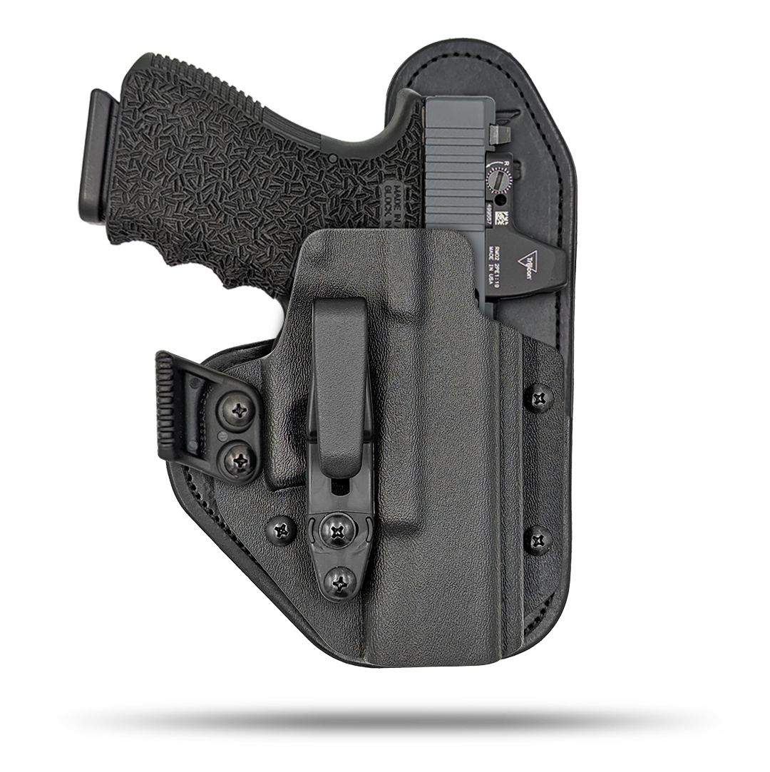 Hidden Hybrid Holsters Appendix holster, Optic Ready, IWB, Inside the waistband, Kydex on the outside, Leather on the backside makes for the most comfortble all day carry. Fits red dot optic.