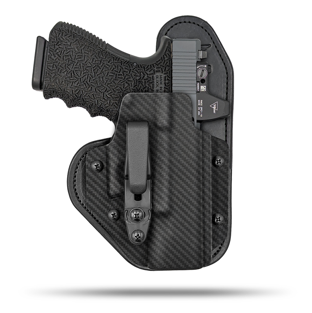 Hidden Hybrid Holsters Appendix holster, Optic Ready, IWB, Inside the waistband, Kydex on the outside, Leather on the backside makes for the most comfortble all day carry. Fits red dot optic.