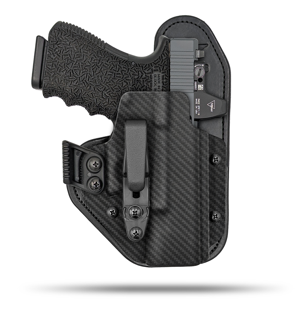 Hidden Hybrid Holsters Appendix holster, Optic Ready, IWB, Inside the waistband, Kydex on the outside, Leather on the backside makes for the most comfortble all day carry. Fits red dot optic.