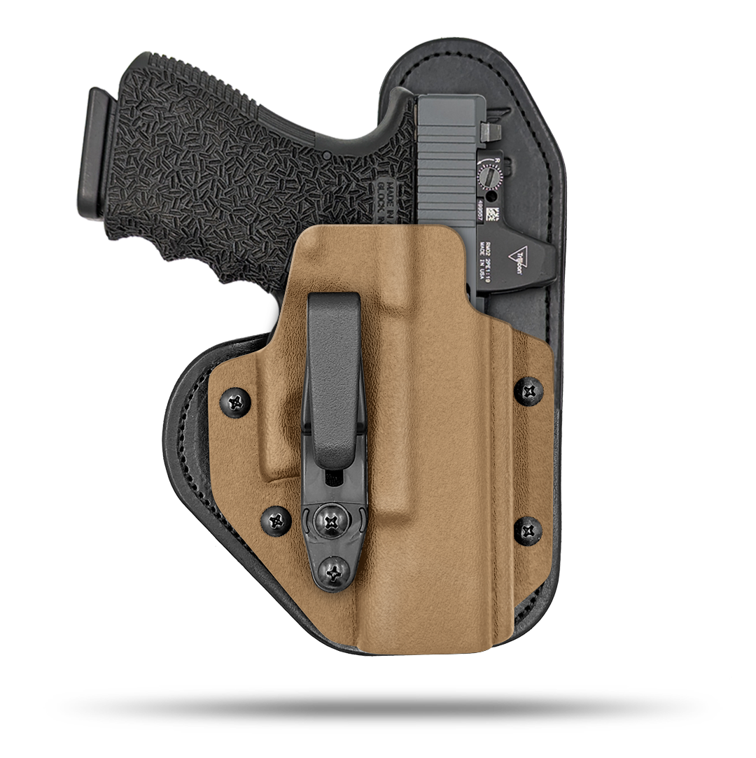 Hidden Hybrid Holsters Appendix holster, Optic Ready, IWB, Inside the waistband, Kydex on the outside, Leather on the backside makes for the most comfortble all day carry. Fits red dot optic.