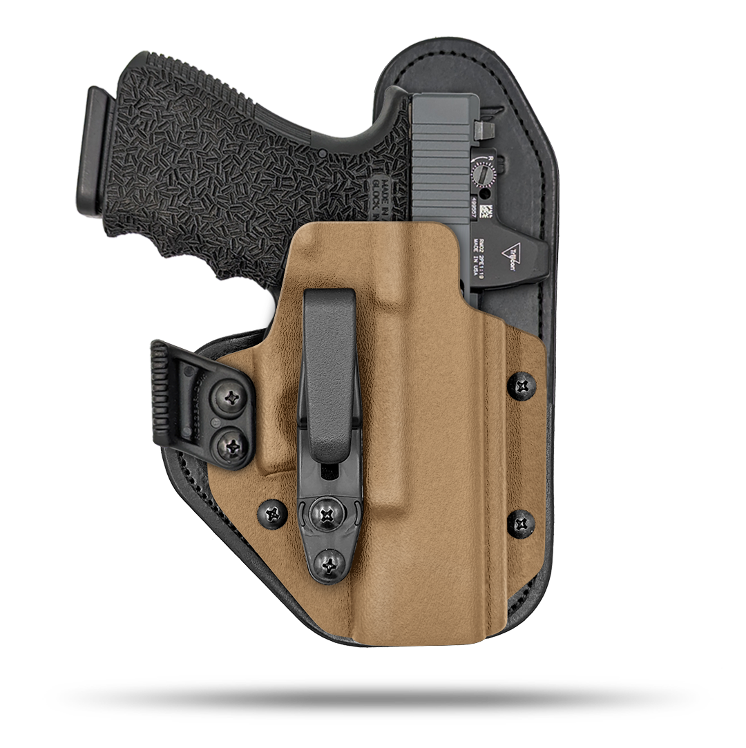 Hidden Hybrid Holsters Appendix holster, Optic Ready, IWB, Inside the waistband, Kydex on the outside, Leather on the backside makes for the most comfortble all day carry. Fits red dot optic.