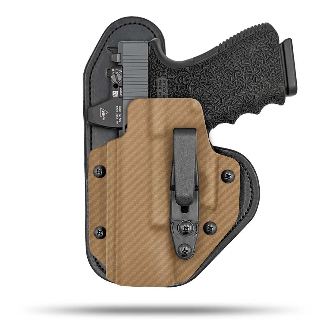 Hidden Hybrid Holsters Appendix holster, Optic Ready, IWB, Inside the waistband, Kydex on the outside, Leather on the backside makes for the most comfortble all day carry. Fits red dot optic.