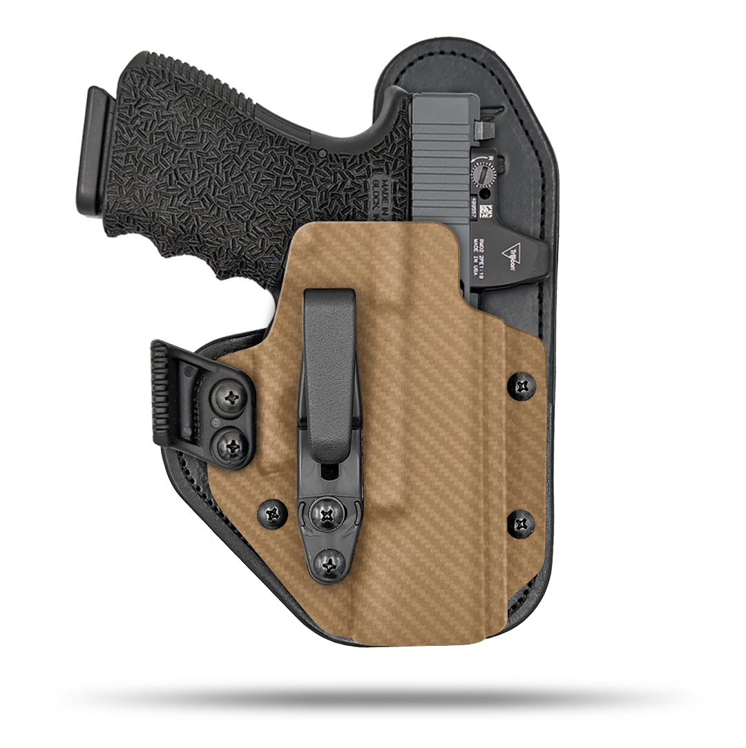 Hidden Hybrid Holsters Appendix holster, Optic Ready, IWB, Inside the waistband, Kydex on the outside, Leather on the backside makes for the most comfortble all day carry. Fits red dot optic.