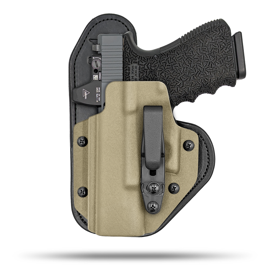 Hidden Hybrid Holsters Appendix holster, Optic Ready, IWB, Inside the waistband, Kydex on the outside, Leather on the backside makes for the most comfortble all day carry. Fits red dot optic.