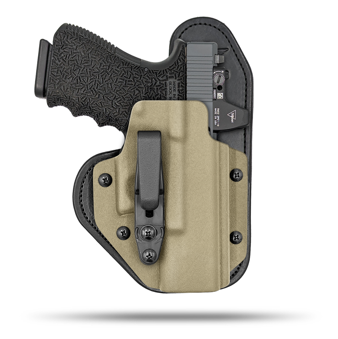 Hidden Hybrid Holsters Appendix holster, Optic Ready, IWB, Inside the waistband, Kydex on the outside, Leather on the backside makes for the most comfortble all day carry. Fits red dot optic.