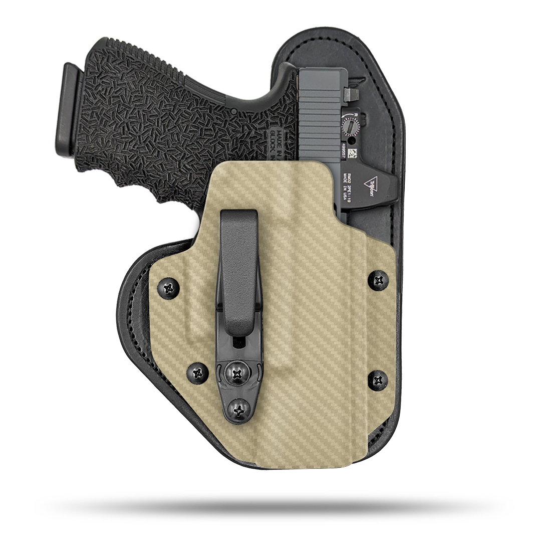 Hidden Hybrid Holsters Appendix holster, Optic Ready, IWB, Inside the waistband, Kydex on the outside, Leather on the backside makes for the most comfortble all day carry. Fits red dot optic.