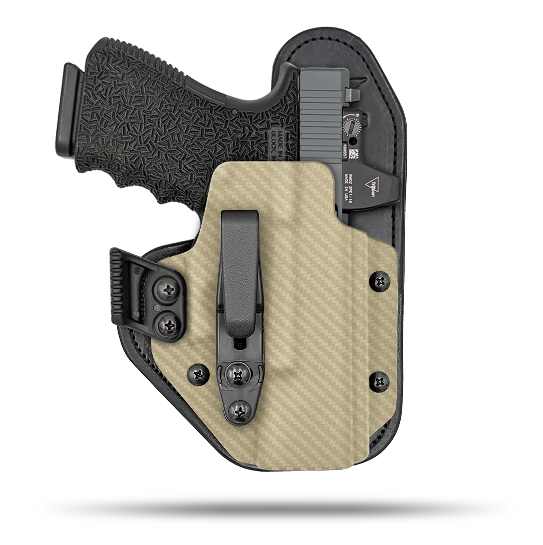 Hidden Hybrid Holsters Appendix holster, Optic Ready, IWB, Inside the waistband, Kydex on the outside, Leather on the backside makes for the most comfortble all day carry. Fits red dot optic.