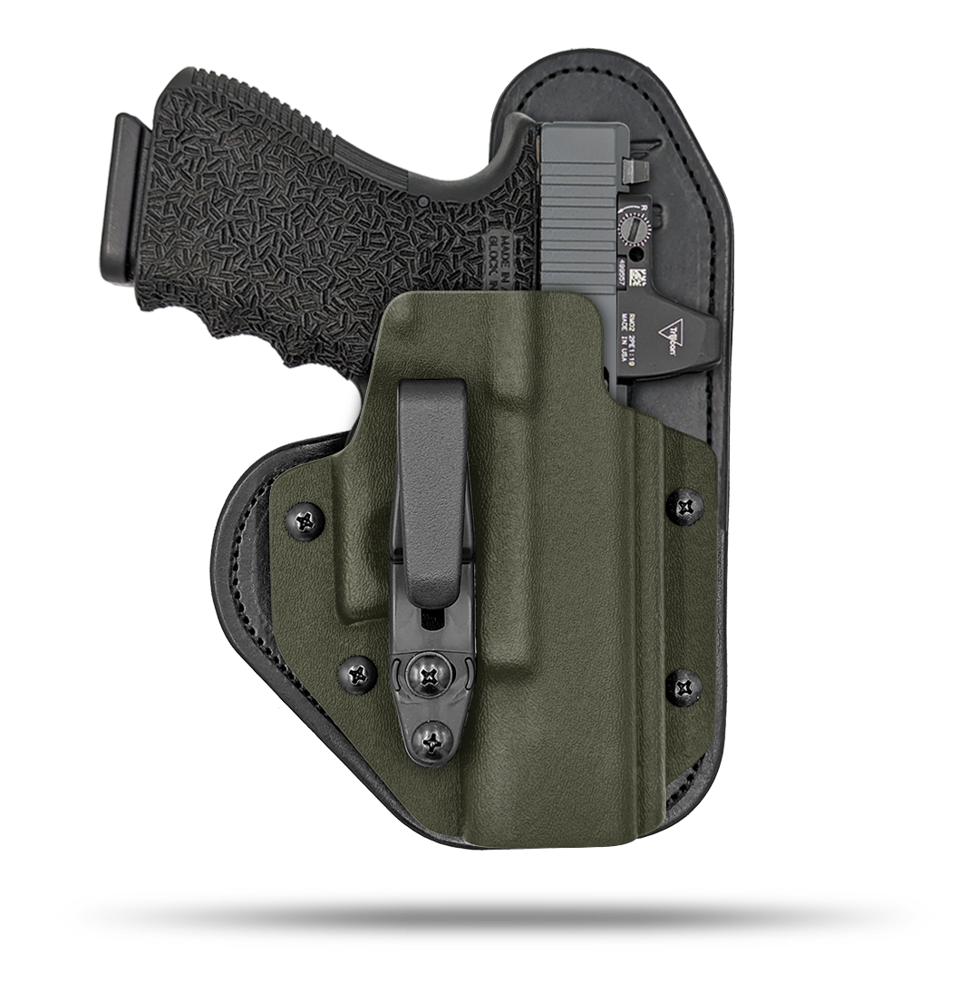 Hidden Hybrid Holsters Appendix holster, Optic Ready, IWB, Inside the waistband, Kydex on the outside, Leather on the backside makes for the most comfortble all day carry. Fits red dot optic.