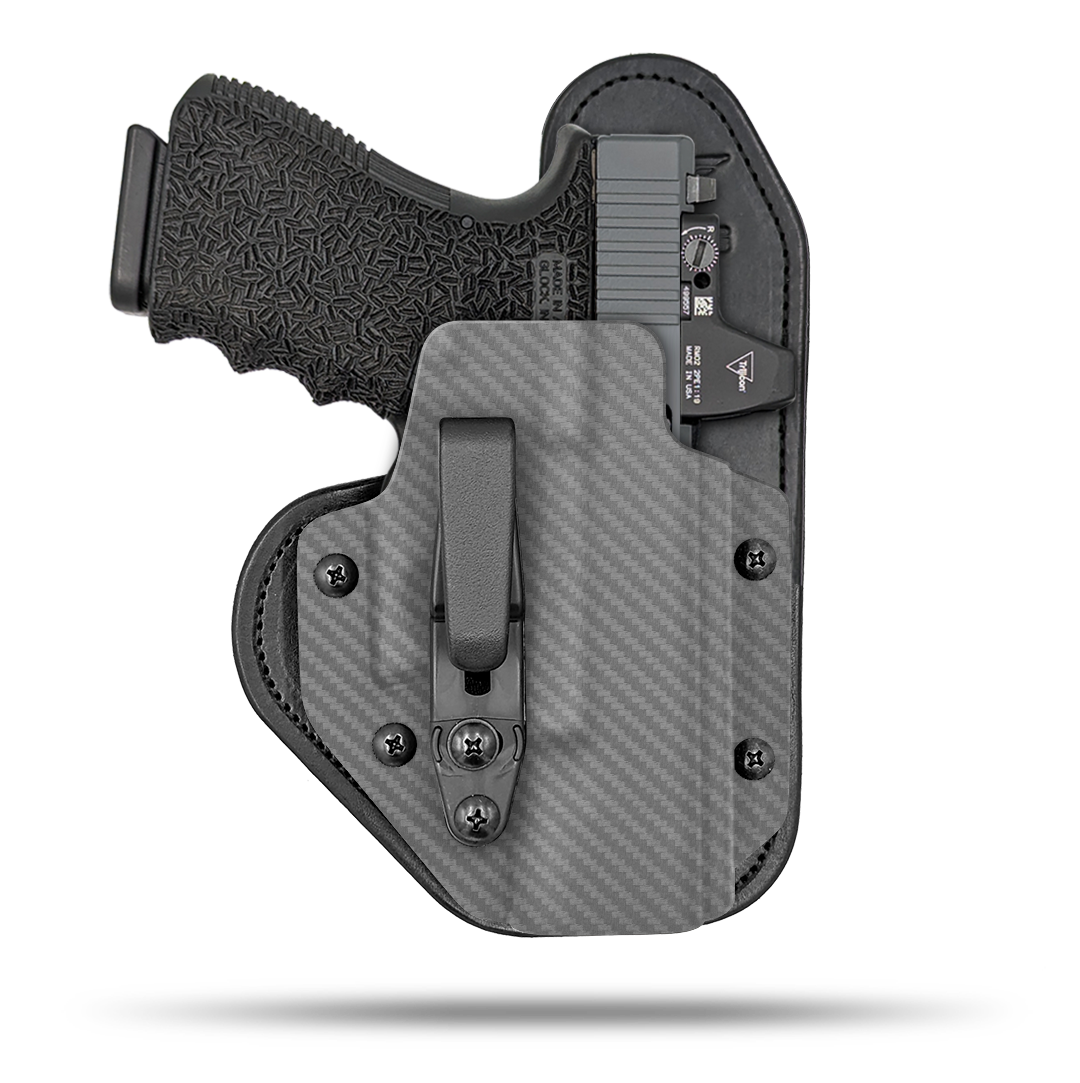 Hidden Hybrid Holsters Appendix holster, Optic Ready, IWB, Inside the waistband, Kydex on the outside, Leather on the backside makes for the most comfortble all day carry. Fits red dot optic.