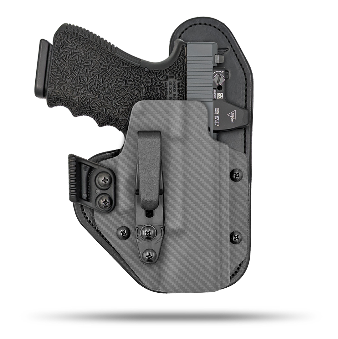 Hidden Hybrid Holsters Appendix holster, Optic Ready, IWB, Inside the waistband, Kydex on the outside, Leather on the backside makes for the most comfortble all day carry. Fits red dot optic.