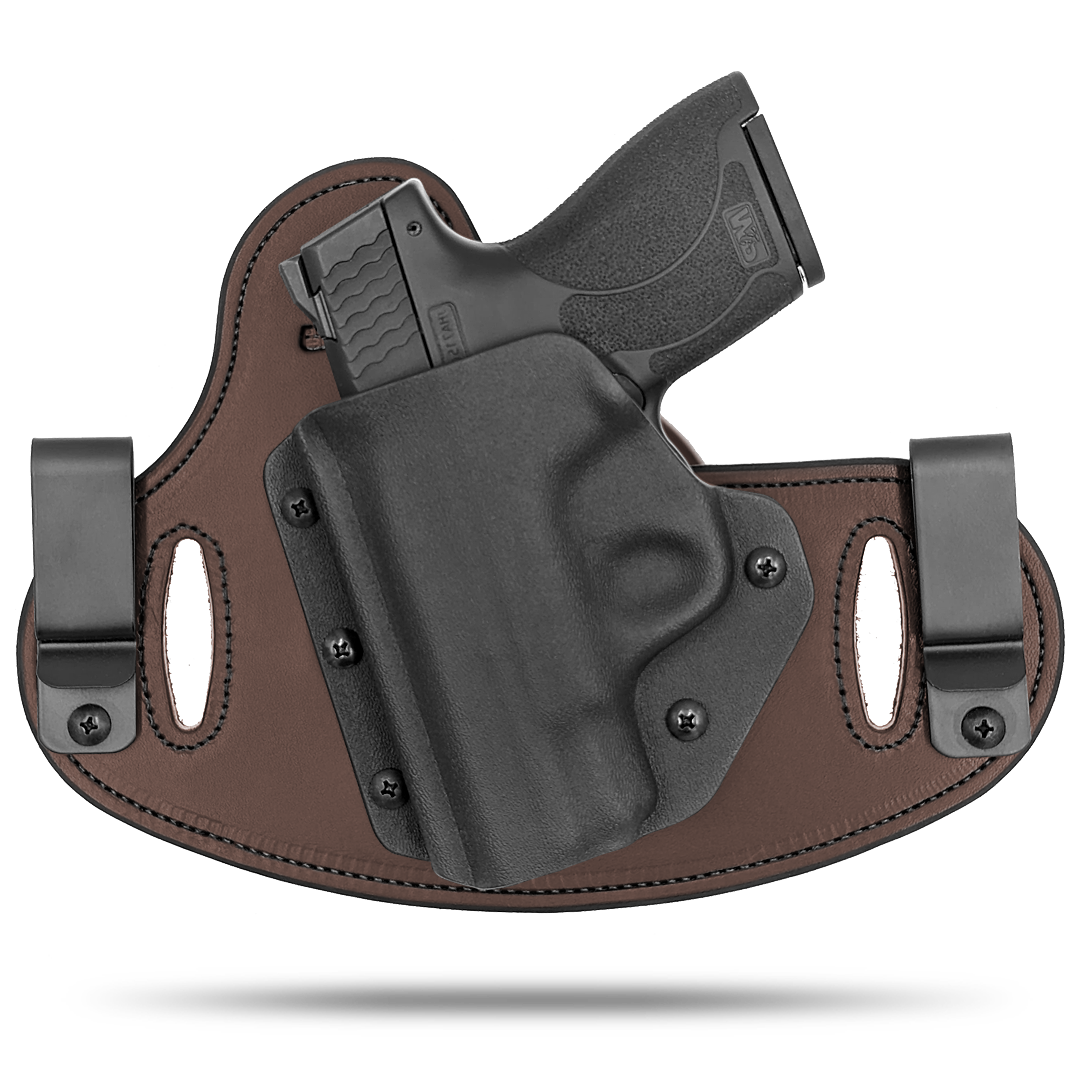 Double Clip holster can be worn inside the waistband (IWB) or outside the waistband (OWB) with a strong Kydex plastic shell and a comfy Amish made leather backer, from Hidden Hybrid Holsters.