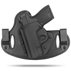 Double Clip holster can be worn inside the waistband (IWB) or outside the waistband (OWB) with a strong Kydex plastic shell and a comfy Amish made leather backer, from Hidden Hybrid Holsters. Left hand draw