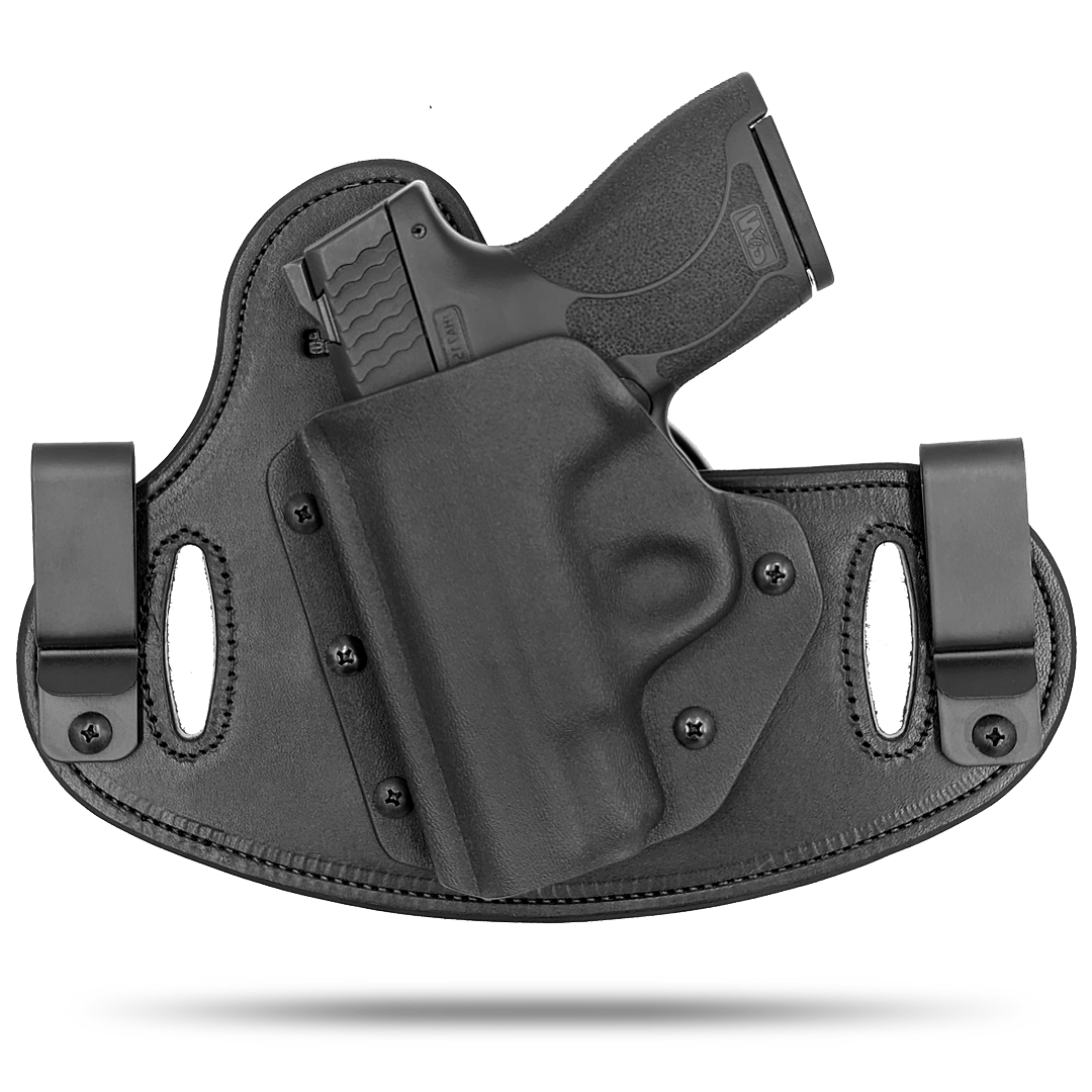 Double Clip holster can be worn inside the waistband (IWB) or outside the waistband (OWB) with a strong Kydex plastic shell and a comfy Amish made leather backer, from Hidden Hybrid Holsters. Left hand draw