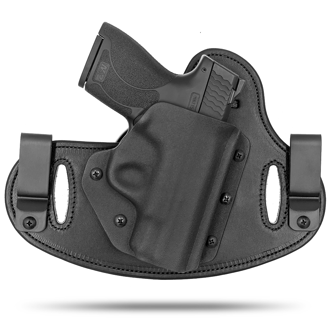 Double Clip holster can be worn inside the waistband (IWB) or outside the waistband (OWB) with a strong Kydex plastic shell and a comfy Amish made leather backer, from Hidden Hybrid Holsters.