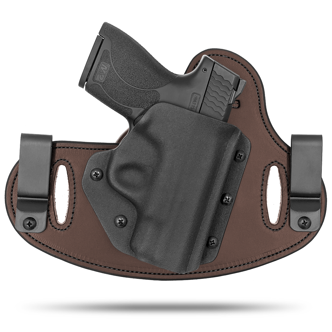 Double Clip holster can be worn inside the waistband (IWB) or outside the waistband (OWB) with a strong Kydex plastic shell and a comfy Amish made leather backer, from Hidden Hybrid Holsters.