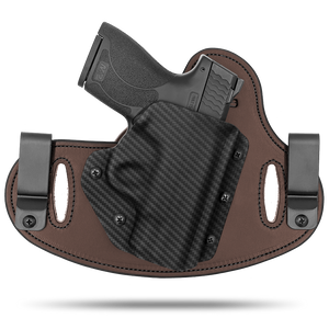 Double Clip holster can be worn inside the waistband (IWB) or outside the waistband (OWB) with a strong Kydex plastic shell and a comfy Amish made leather backer, from Hidden Hybrid Holsters.