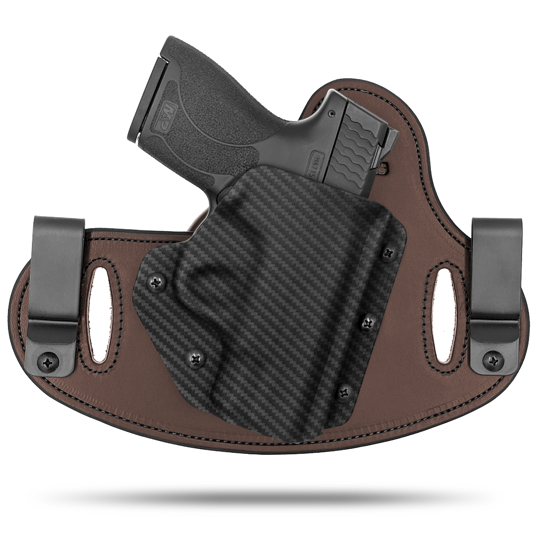 Double Clip holster can be worn inside the waistband (IWB) or outside the waistband (OWB) with a strong Kydex plastic shell and a comfy Amish made leather backer, from Hidden Hybrid Holsters.