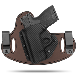 Double Clip holster can be worn inside the waistband (IWB) or outside the waistband (OWB) with a strong Kydex plastic shell and a comfy Amish made leather backer, from Hidden Hybrid Holsters.