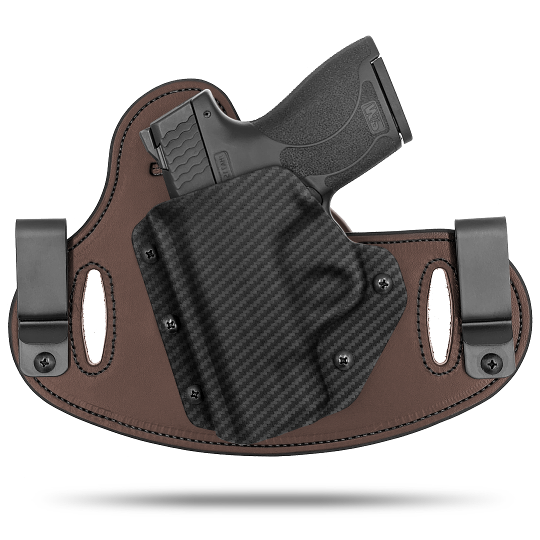 Double Clip holster can be worn inside the waistband (IWB) or outside the waistband (OWB) with a strong Kydex plastic shell and a comfy Amish made leather backer, from Hidden Hybrid Holsters.