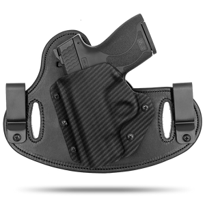 Double Clip holster can be worn inside the waistband (IWB) or outside the waistband (OWB) with a strong Kydex plastic shell and a comfy Amish made leather backer, from Hidden Hybrid Holsters.