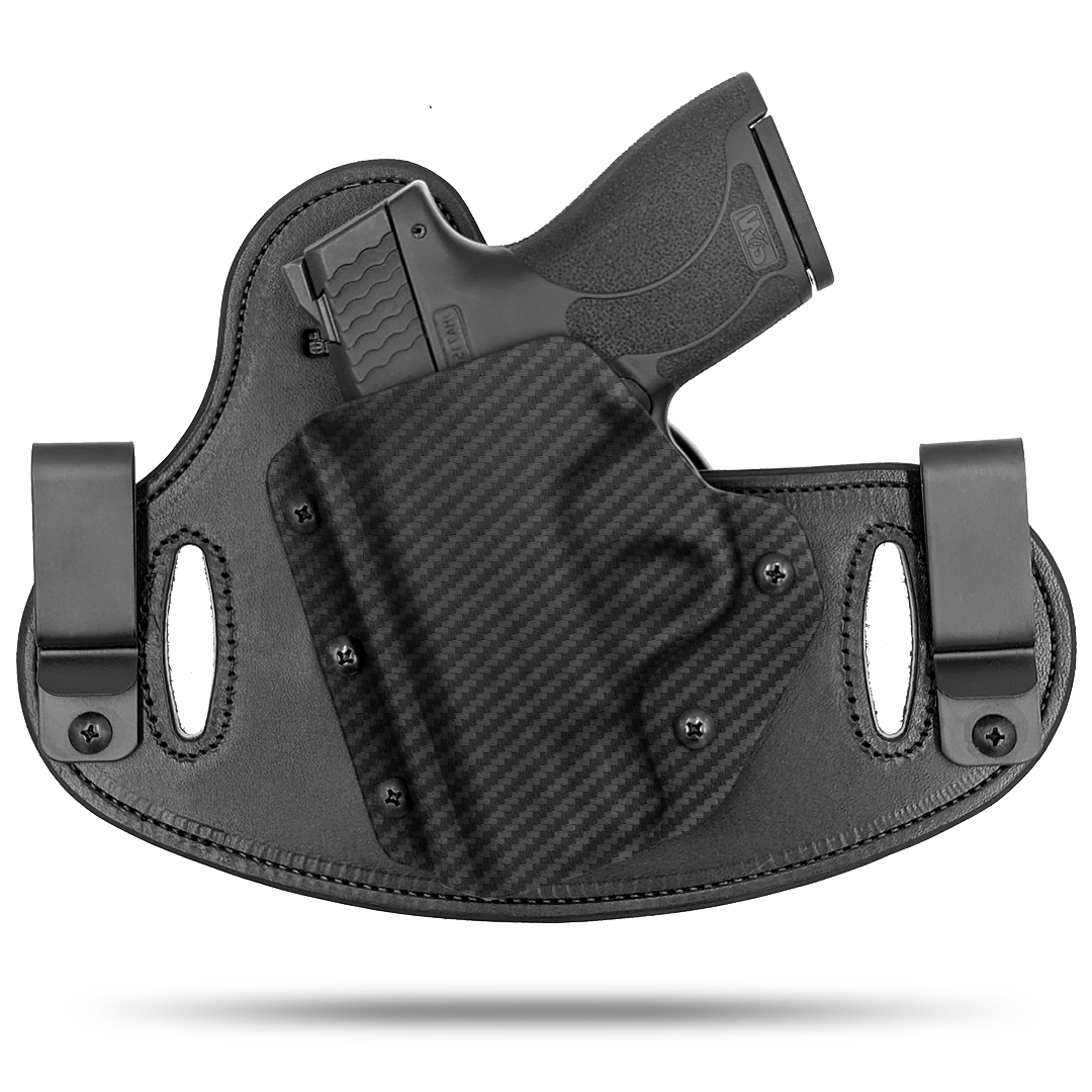 Double Clip holster can be worn inside the waistband (IWB) or outside the waistband (OWB) with a strong Kydex plastic shell and a comfy Amish made leather backer, from Hidden Hybrid Holsters.