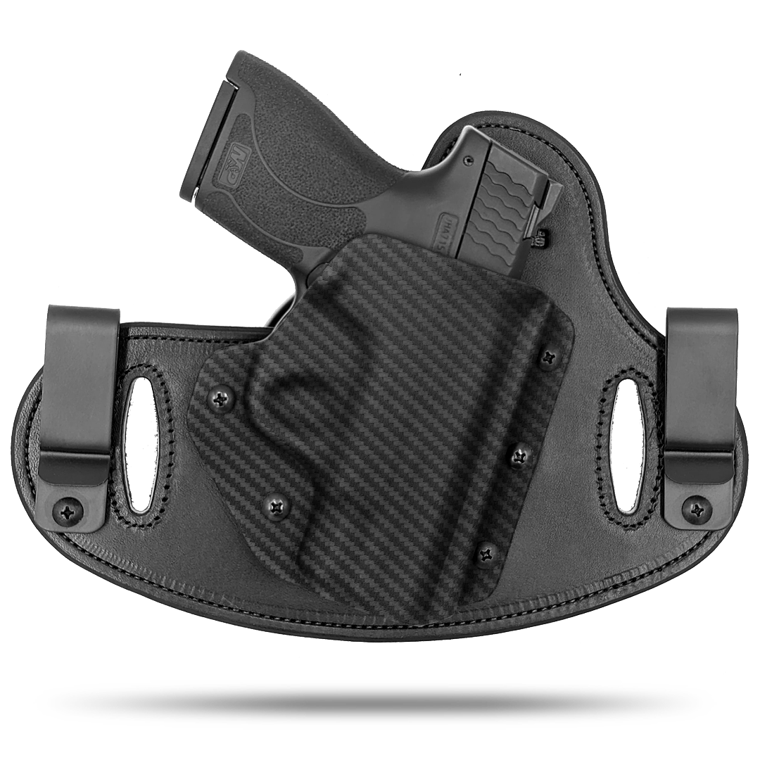 Double Clip holster can be worn inside the waistband (IWB) or outside the waistband (OWB) with a strong Kydex plastic shell and a comfy Amish made leather backer, from Hidden Hybrid Holsters.