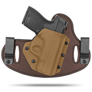 Double Clip holster can be worn inside the waistband (IWB) or outside the waistband (OWB) with a strong Kydex plastic shell and a comfy Amish made leather backer, from Hidden Hybrid Holsters.