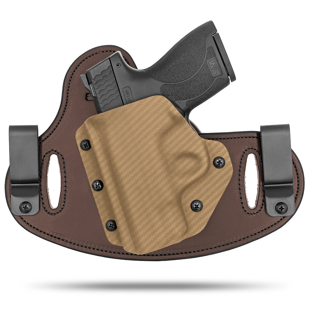 Double Clip holster can be worn inside the waistband (IWB) or outside the waistband (OWB) with a strong Kydex plastic shell and a comfy Amish made leather backer, from Hidden Hybrid Holsters.