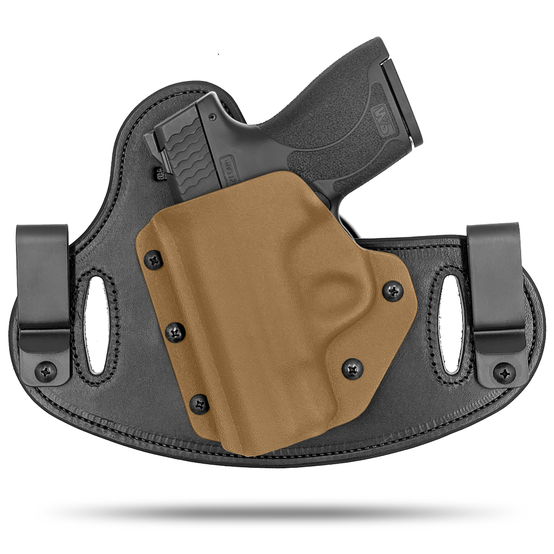 Double Clip holster can be worn inside the waistband (IWB) or outside the waistband (OWB) with a strong Kydex plastic shell and a comfy Amish made leather backer, from Hidden Hybrid Holsters.