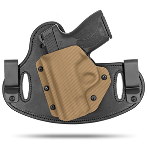 Double Clip holster can be worn inside the waistband (IWB) or outside the waistband (OWB) with a strong Kydex plastic shell and a comfy Amish made leather backer, from Hidden Hybrid Holsters.