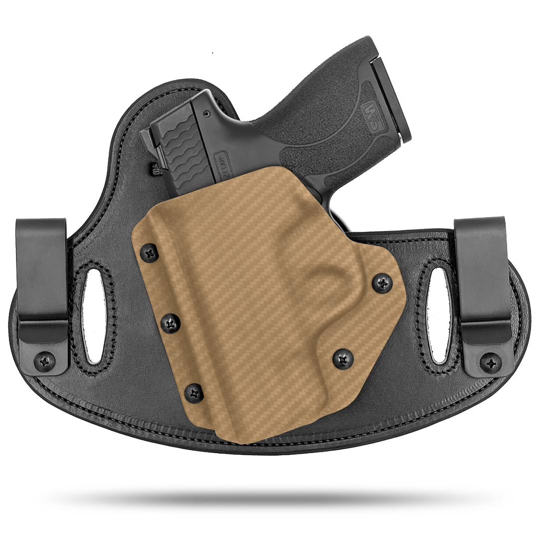 Double Clip holster can be worn inside the waistband (IWB) or outside the waistband (OWB) with a strong Kydex plastic shell and a comfy Amish made leather backer, from Hidden Hybrid Holsters.