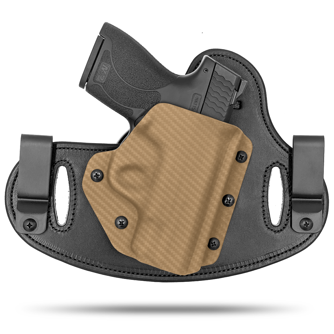 Double Clip holster can be worn inside the waistband (IWB) or outside the waistband (OWB) with a strong Kydex plastic shell and a comfy Amish made leather backer, from Hidden Hybrid Holsters.