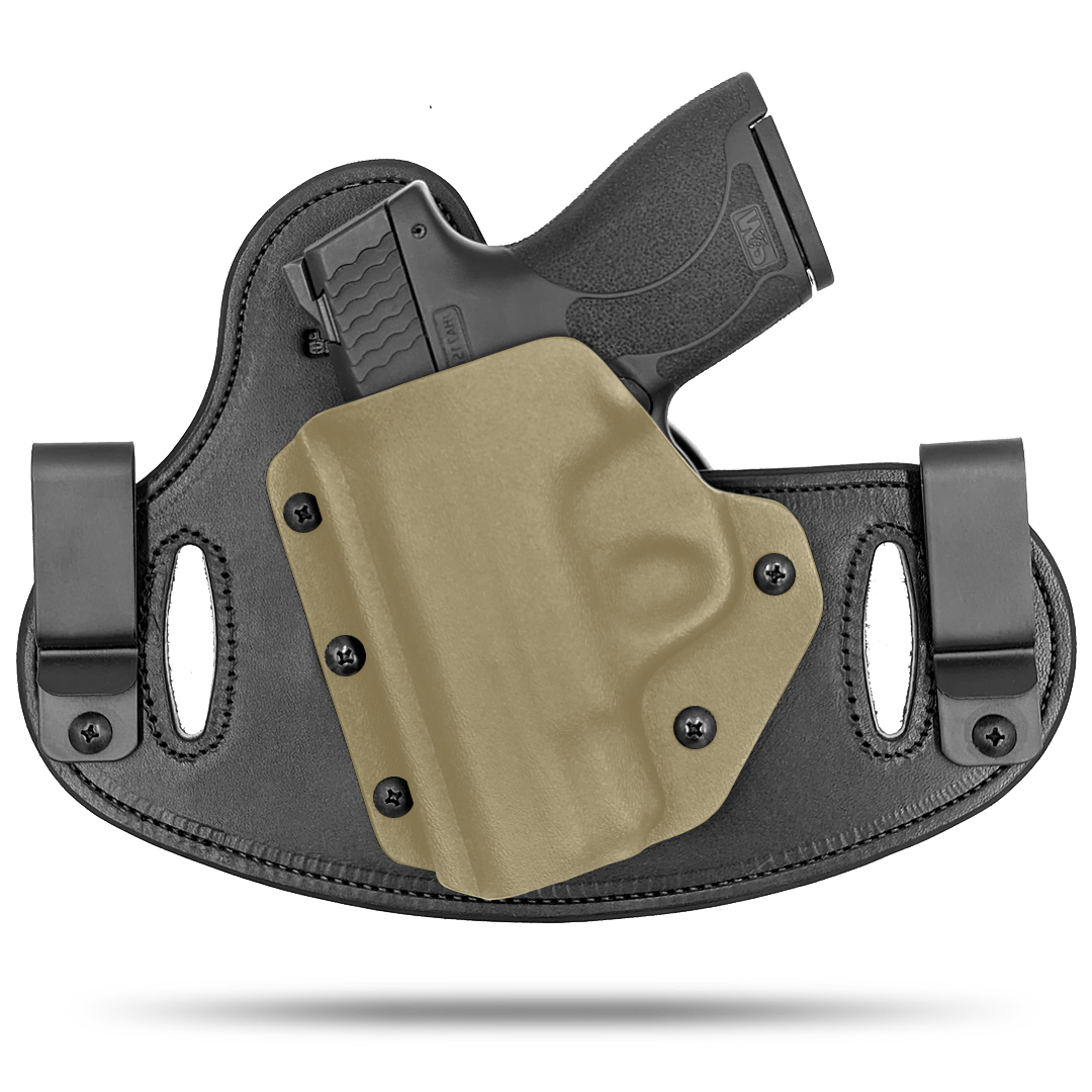 Double Clip holster can be worn inside the waistband (IWB) or outside the waistband (OWB) with a strong Kydex plastic shell and a comfy Amish made leather backer, from Hidden Hybrid Holsters.