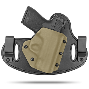 Double Clip holster can be worn inside the waistband (IWB) or outside the waistband (OWB) with a strong Kydex plastic shell and a comfy Amish made leather backer, from Hidden Hybrid Holsters.