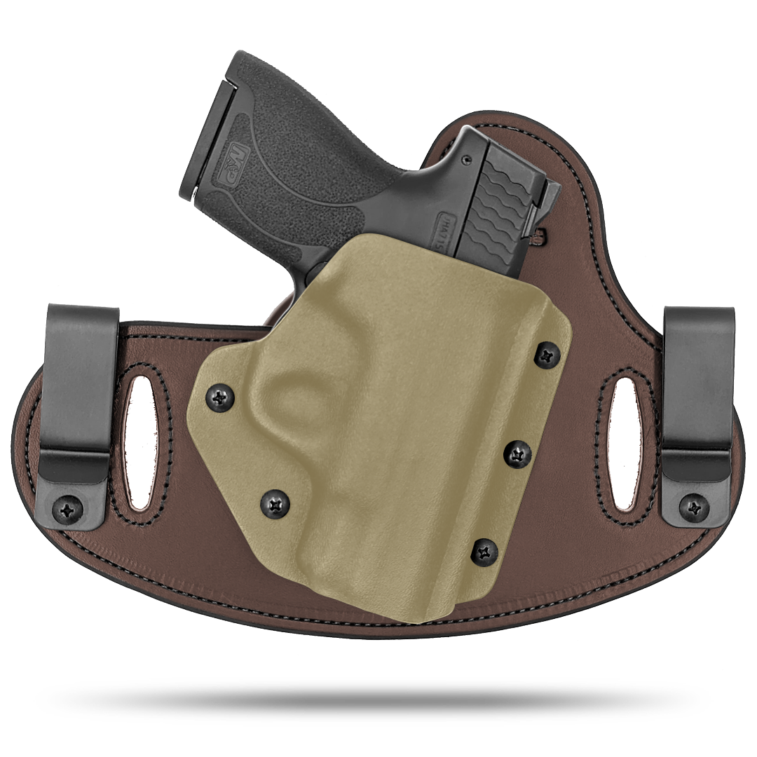 Double Clip holster can be worn inside the waistband (IWB) or outside the waistband (OWB) with a strong Kydex plastic shell and a comfy Amish made leather backer, from Hidden Hybrid Holsters.