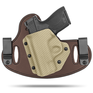 Double Clip holster can be worn inside the waistband (IWB) or outside the waistband (OWB) with a strong Kydex plastic shell and a comfy Amish made leather backer, from Hidden Hybrid Holsters.