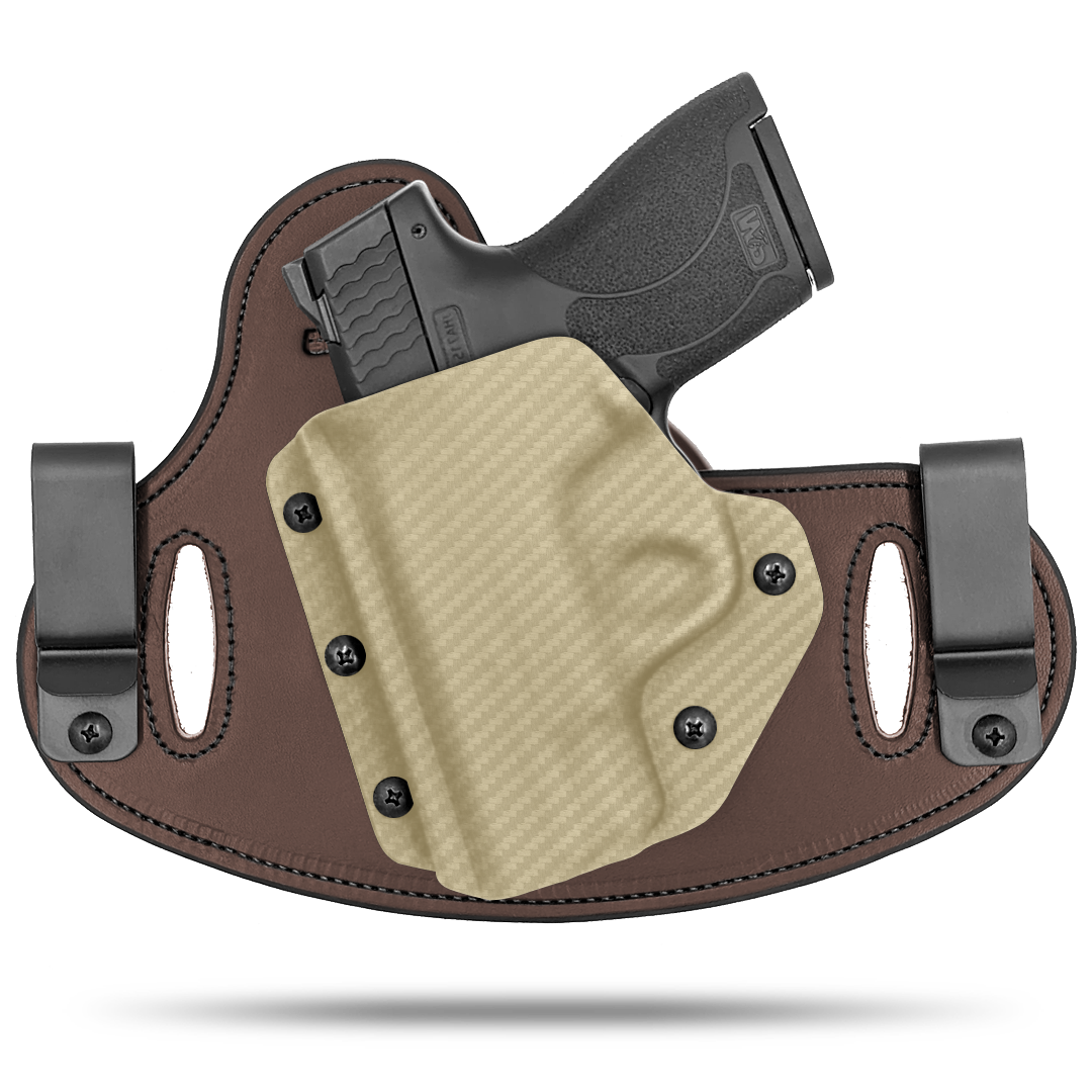 Double Clip holster can be worn inside the waistband (IWB) or outside the waistband (OWB) with a strong Kydex plastic shell and a comfy Amish made leather backer, from Hidden Hybrid Holsters.