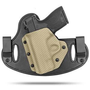 Double Clip holster can be worn inside the waistband (IWB) or outside the waistband (OWB) with a strong Kydex plastic shell and a comfy Amish made leather backer, from Hidden Hybrid Holsters.