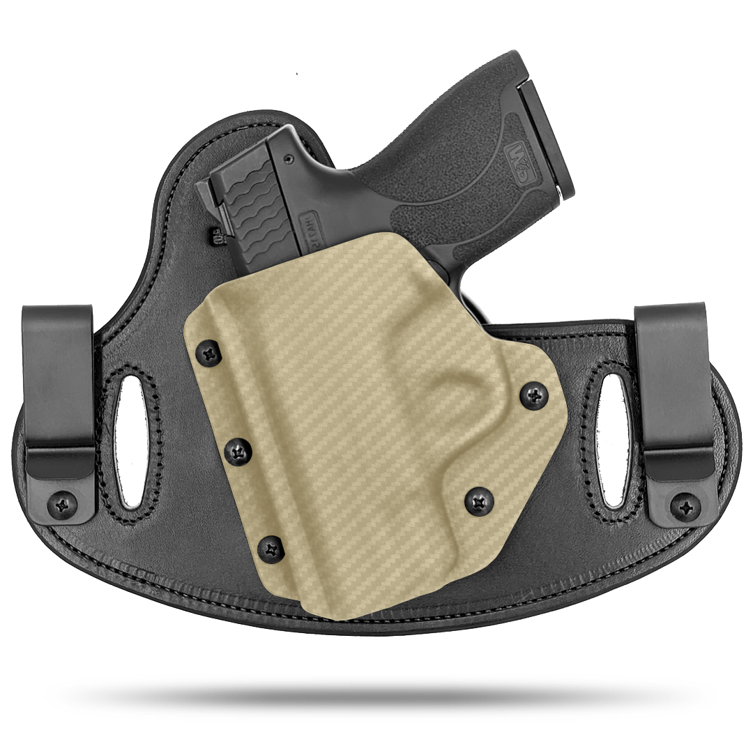 Double Clip holster can be worn inside the waistband (IWB) or outside the waistband (OWB) with a strong Kydex plastic shell and a comfy Amish made leather backer, from Hidden Hybrid Holsters.