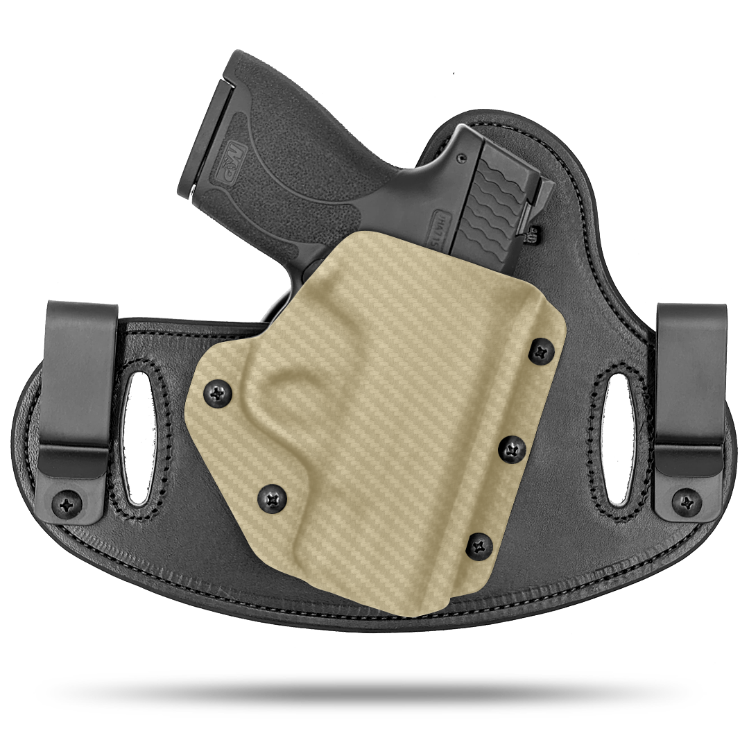 Double Clip holster can be worn inside the waistband (IWB) or outside the waistband (OWB) with a strong Kydex plastic shell and a comfy Amish made leather backer, from Hidden Hybrid Holsters.