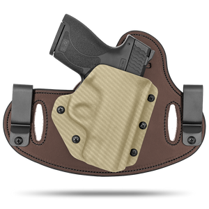 Double Clip holster can be worn inside the waistband (IWB) or outside the waistband (OWB) with a strong Kydex plastic shell and a comfy Amish made leather backer, from Hidden Hybrid Holsters.