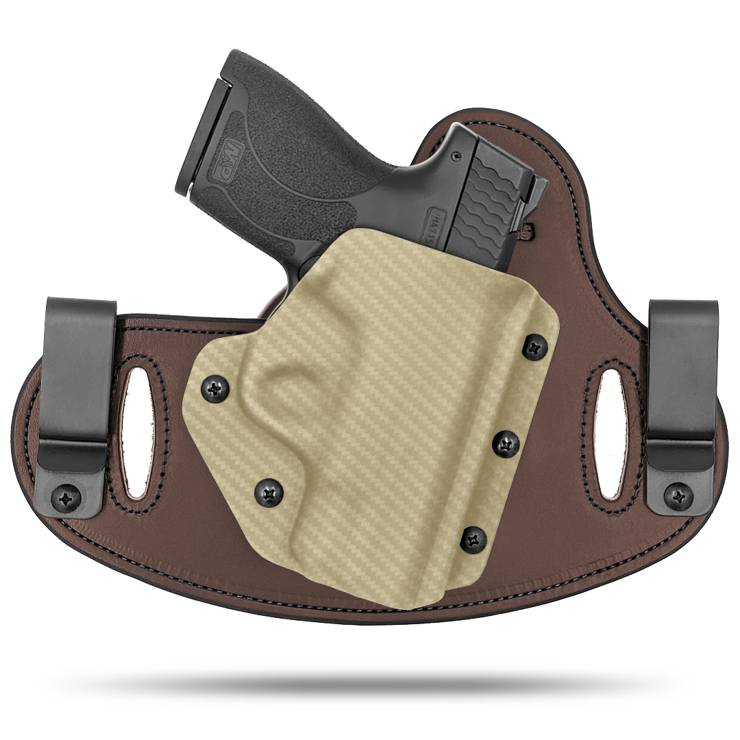 Double Clip holster can be worn inside the waistband (IWB) or outside the waistband (OWB) with a strong Kydex plastic shell and a comfy Amish made leather backer, from Hidden Hybrid Holsters.