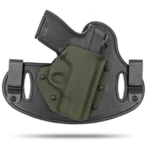 Double Clip holster can be worn inside the waistband (IWB) or outside the waistband (OWB) with a strong Kydex plastic shell and a comfy Amish made leather backer, from Hidden Hybrid Holsters.