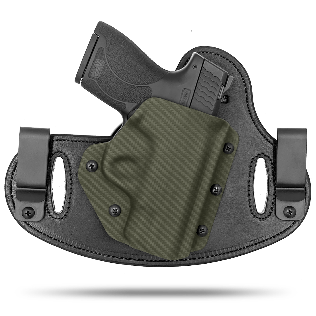 Double Clip holster can be worn inside the waistband (IWB) or outside the waistband (OWB) with a strong Kydex plastic shell and a comfy Amish made leather backer, from Hidden Hybrid Holsters.