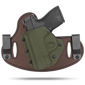 Double Clip holster can be worn inside the waistband (IWB) or outside the waistband (OWB) with a strong Kydex plastic shell and a comfy Amish made leather backer, from Hidden Hybrid Holsters.