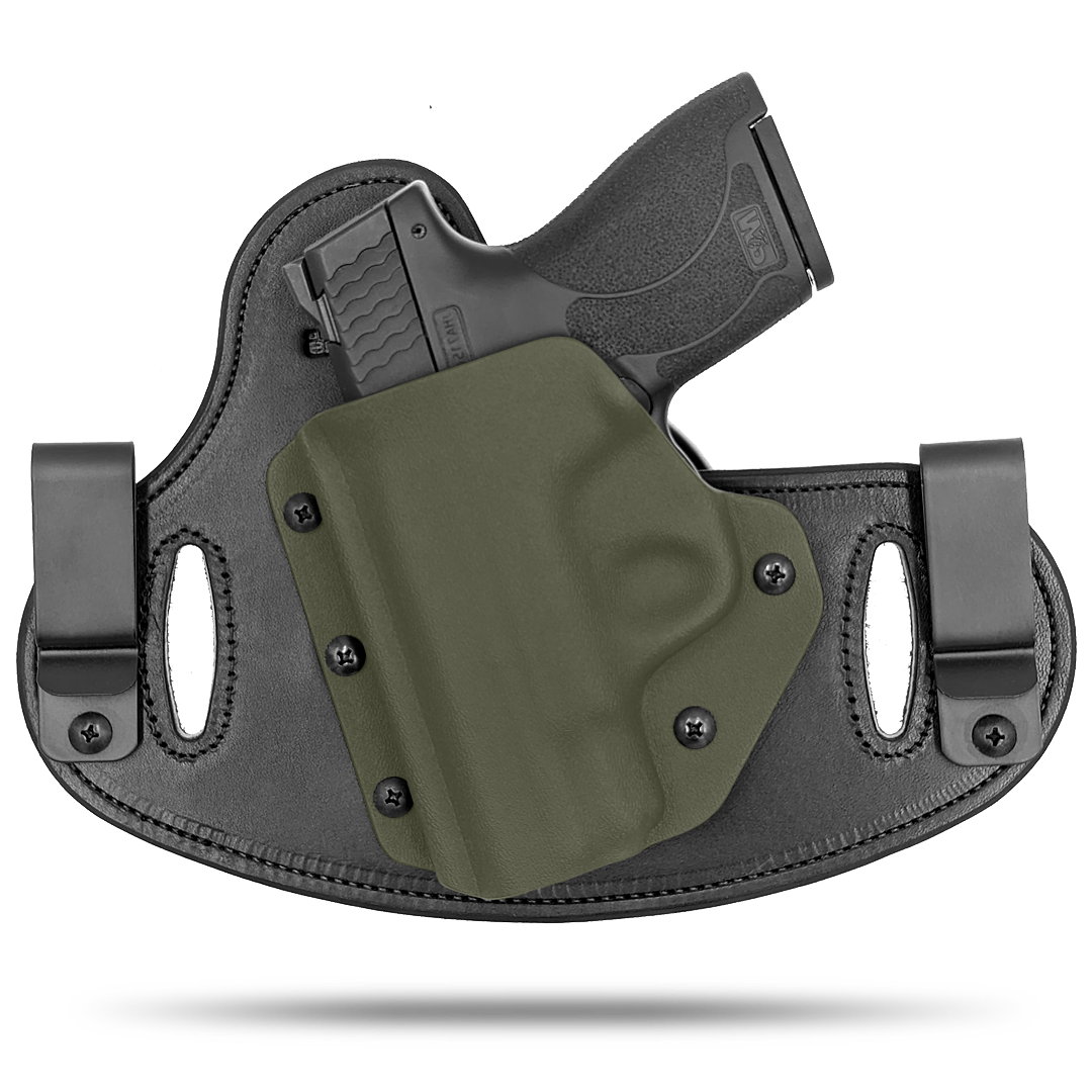 Double Clip holster can be worn inside the waistband (IWB) or outside the waistband (OWB) with a strong Kydex plastic shell and a comfy Amish made leather backer, from Hidden Hybrid Holsters.