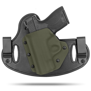 Double Clip holster can be worn inside the waistband (IWB) or outside the waistband (OWB) with a strong Kydex plastic shell and a comfy Amish made leather backer, from Hidden Hybrid Holsters.