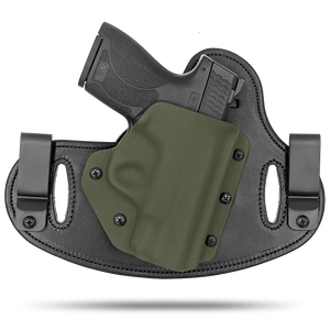 Double Clip holster can be worn inside the waistband (IWB) or outside the waistband (OWB) with a strong Kydex plastic shell and a comfy Amish made leather backer, from Hidden Hybrid Holsters.