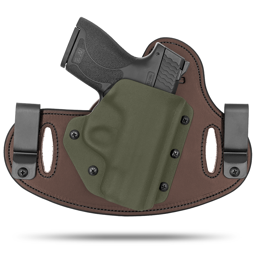 Double Clip holster can be worn inside the waistband (IWB) or outside the waistband (OWB) with a strong Kydex plastic shell and a comfy Amish made leather backer, from Hidden Hybrid Holsters.